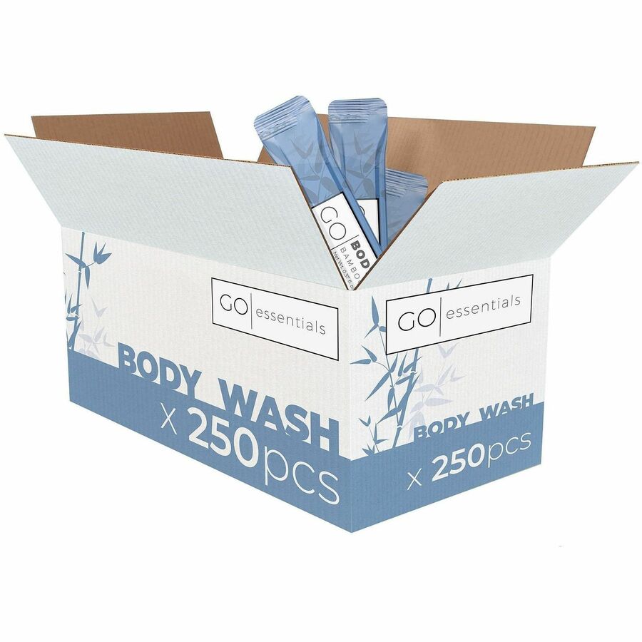Go Essentials Travel-Size Body Wash Packets - Bamboo Forest Scent - 0.37 fl oz - Body, Hotel, Spa, Skin, Gym - Moisturizing - Blue - Sulfate-free, Paraben-free - 250 / Pack