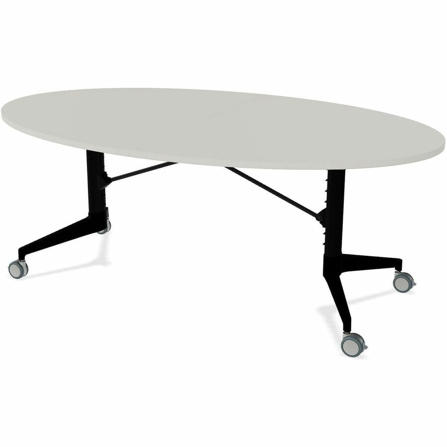 Scissor Tables Folding Table - Frosty White Round Top - Matte Black Column Leg, Powder Coated Base - 48" Table Top Width x 79" Table Top Depth - 29" Height - Conference, Dining, Multipurpose - Assembly Required - High Pressure Laminate (HPL) Top Materi...