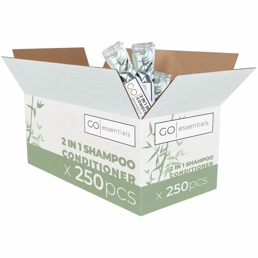 Go Essentials Travel-Size 2-in-1 Shampoo/Conditioner Packets - Fresh Clean, Bamboo Forest Scent - 0.4 fl oz (10.9 mL) - Hair, Gym, Spa, Hotel - White, Green - Sulfate-free - 250 / Pack