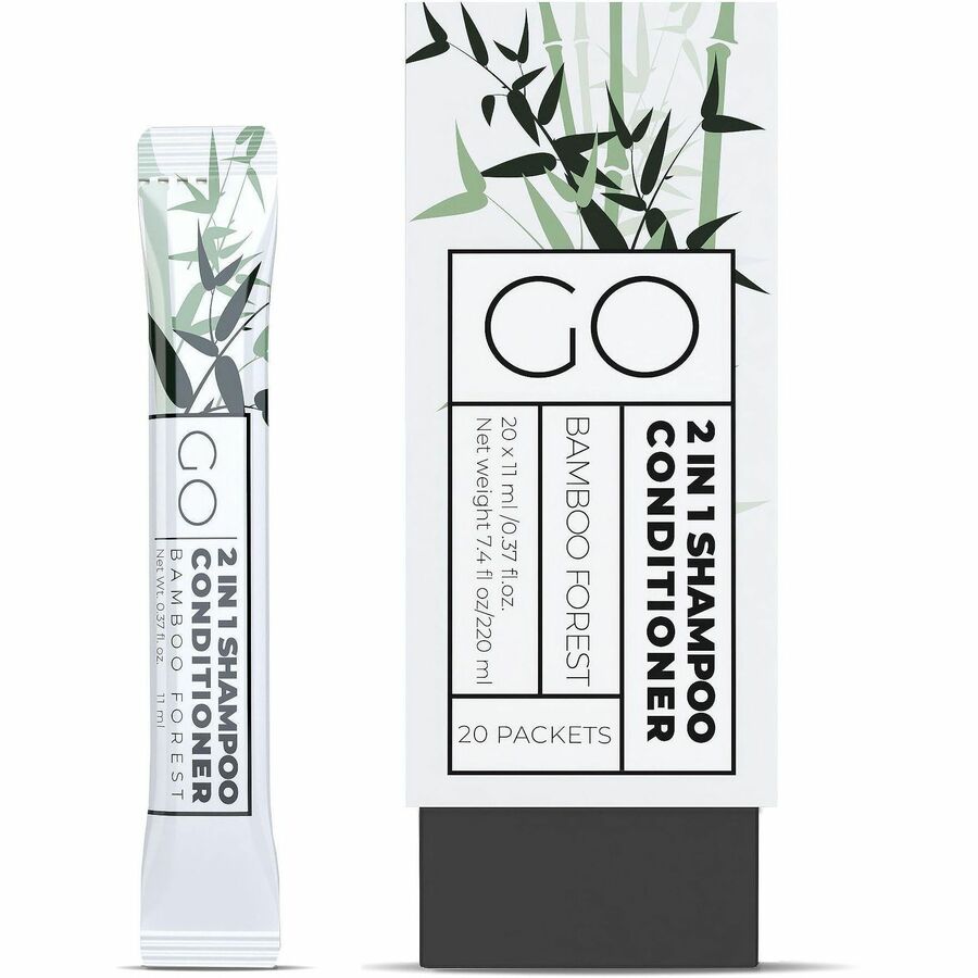Go Essentials Travel-Size 2-in-1 Shampoo/Conditioner Packets - Fresh Clean, Bamboo Forest Scent - 0.4 fl oz (10.9 mL) - Hair, Gym, Spa, Hotel - White, Green - Sulfate-free - 20 / Pack