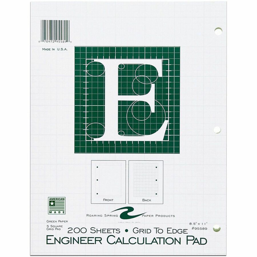 Roaring Spring Engineer Calculation Pads - 200 Sheets - 400 Pages - Printed - Glued - 3 Hole(s) - 15 lb Basis Weight - Letter - 8 1/2" x 11" Sheet Size - 11" Width x 8.5" Depth - Green Tint Paper - Green Cover - Smooth, Sturdy, Poly Wrapped