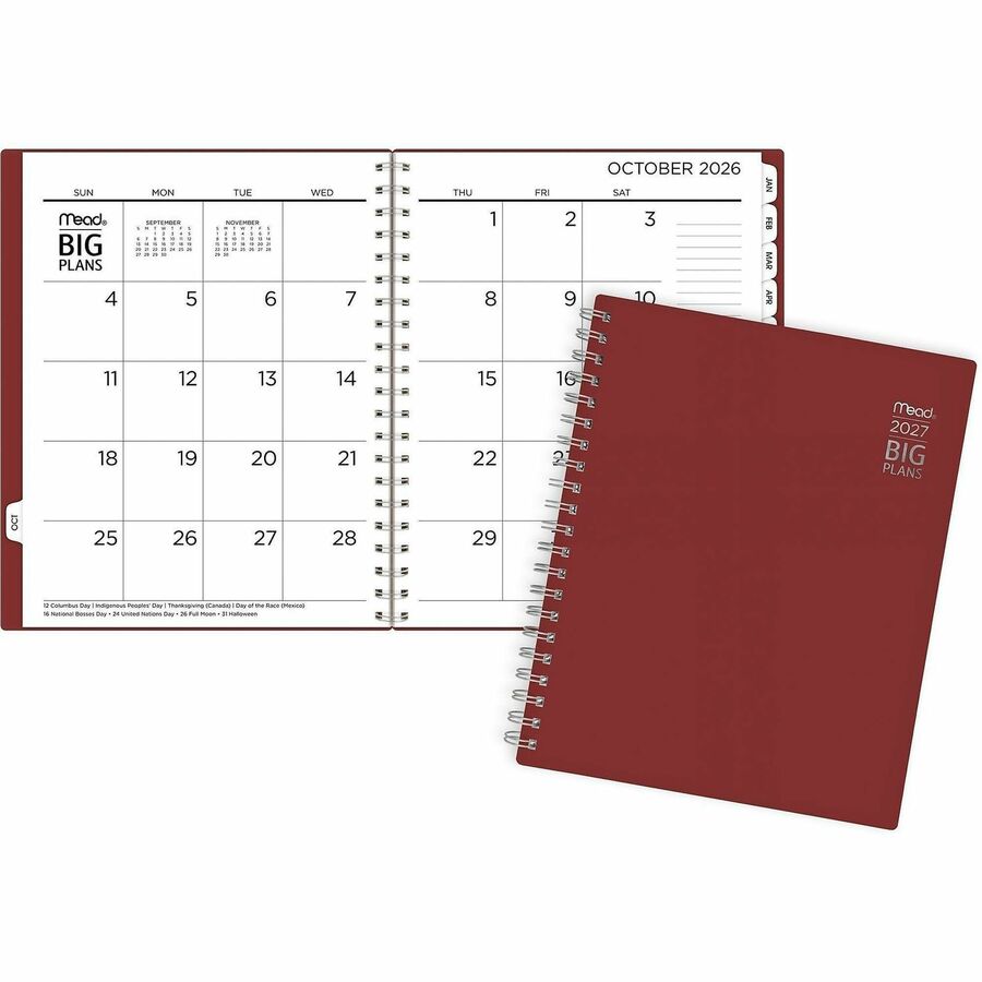 Mead BIG PLANS Weekly/Monthly Planner - Julian Dates - Weekly, Monthly - 15 Month - October 2026 to December 2027 - 7:00 AM to 8:00 PM - Hourly - Monday - Friday - 8 1/2" x 11" Sheet Size - Twin Wire - Red Poly Cover
