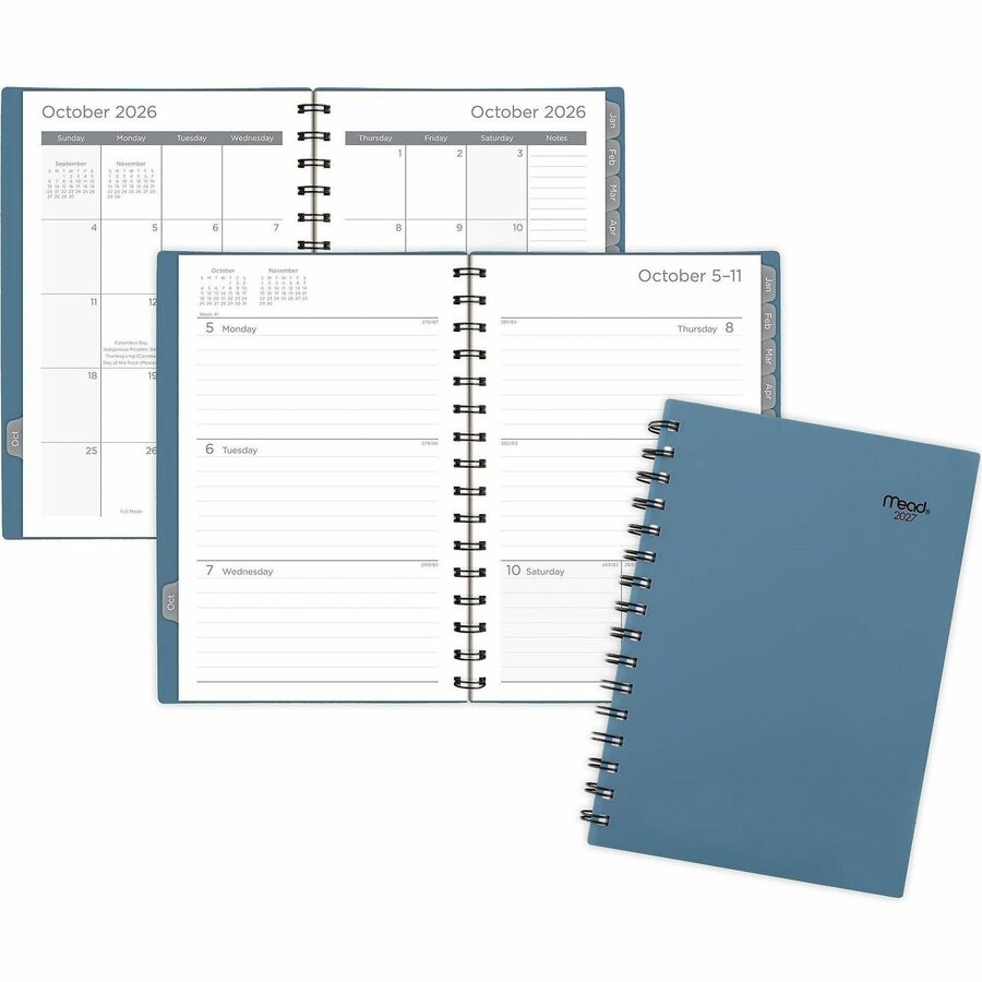Mead Basic Weekly/Monthly Planner - Weekly, Monthly - 15 Month - October to December - 1 Week, 1 Month Double Page Layout - 5 1/2" x 8 1/2" Sheet Size - Twin Wire - Composure Blue Poly Cover