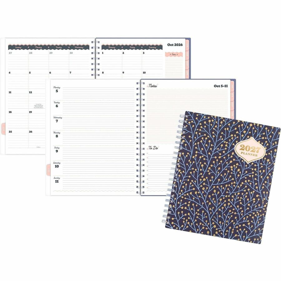 Mead CatCoq Berry Branches Weekly/Monthly Planner - Monthly, Weekly - 15 Month - October 2026 to December 2027 - Letter - 8 1/2" x 11" Sheet Size - Wire Bound - Poly Cover