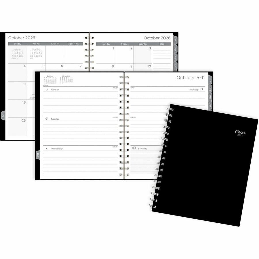 Mead Basic Weekly/Monthly Planner - Weekly, Monthly - 15 Month - October to December - 1 Week, 1 Month Double Page Layout - Letter - 8 1/2" x 11" Sheet Size - Twin Wire - Black Poly Cover