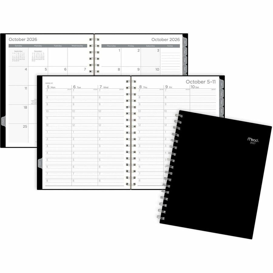 Mead Basic Weekly/Monthly Planner - Weekly, Monthly - 15 Month - October to December - 7:00 AM to 8:00 PM - 1 Week, 1 Month Double Page Layout - 7" x 9" Sheet Size - Twin Wire - Black Poly Cover