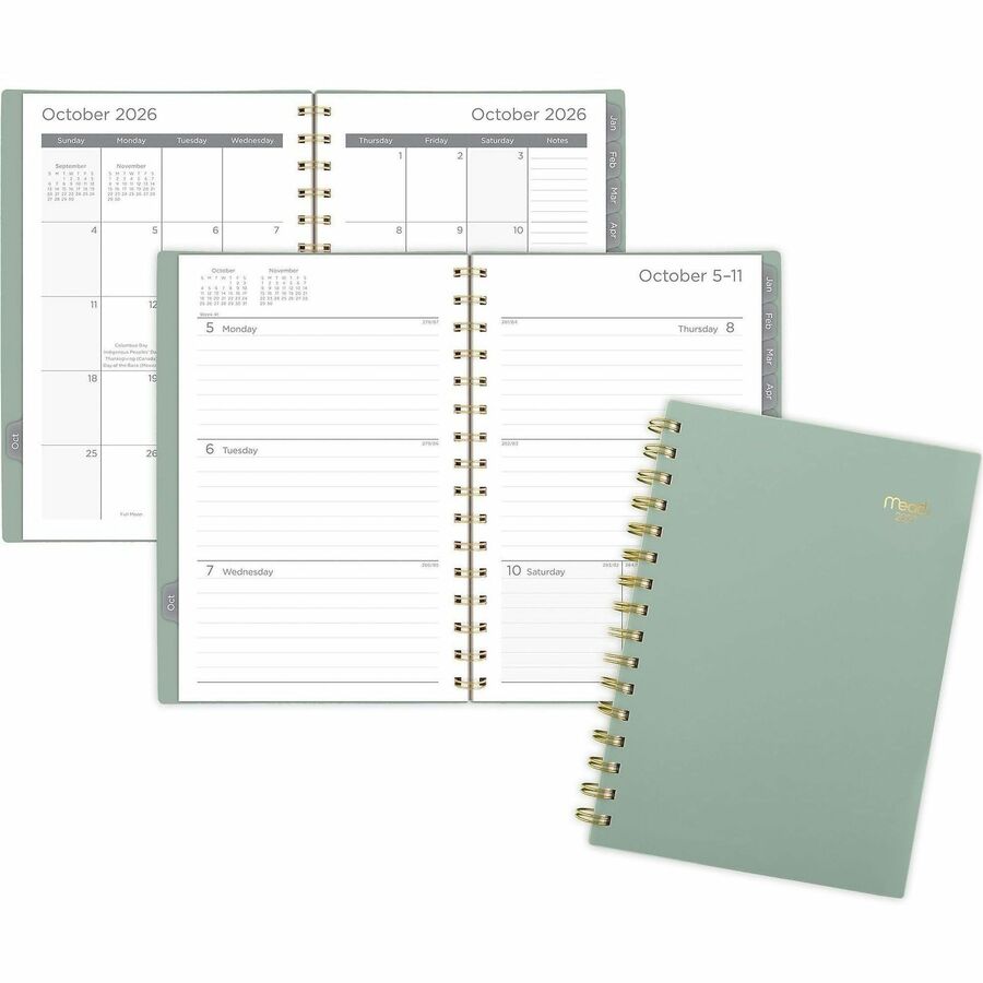 Mead Basic Weekly/Monthly Planner - Weekly, Monthly - 15 Month - October to December - 1 Week, 1 Month Double Page Layout - 5 1/2" x 8 1/2" Sheet Size - Twin Wire - Soft Grass Poly Cover