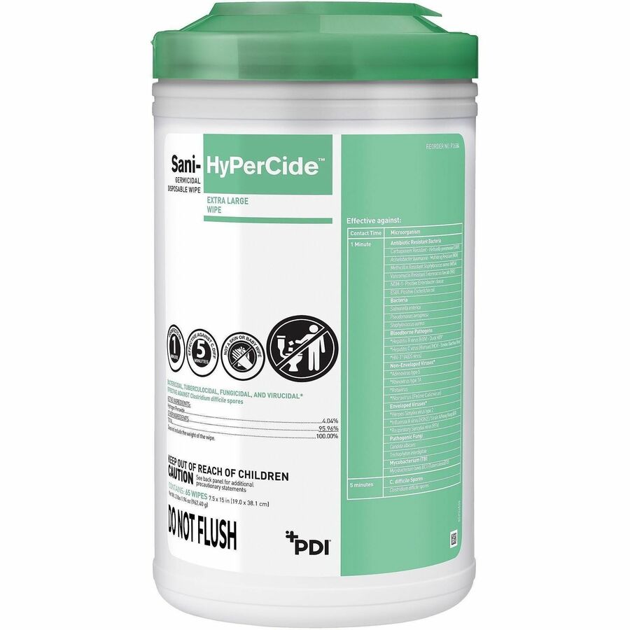PDI Sani-HyPerCide Germicidal Disposable Wipes - For Patient, Healthcare, Equipment, Nonporous Surface - Ready-To-Use - 6.75" Length x 6" Width - Disposable, Unbleached, Disinfectant - Green - 160 Wipes/Canister - 12 / Carton