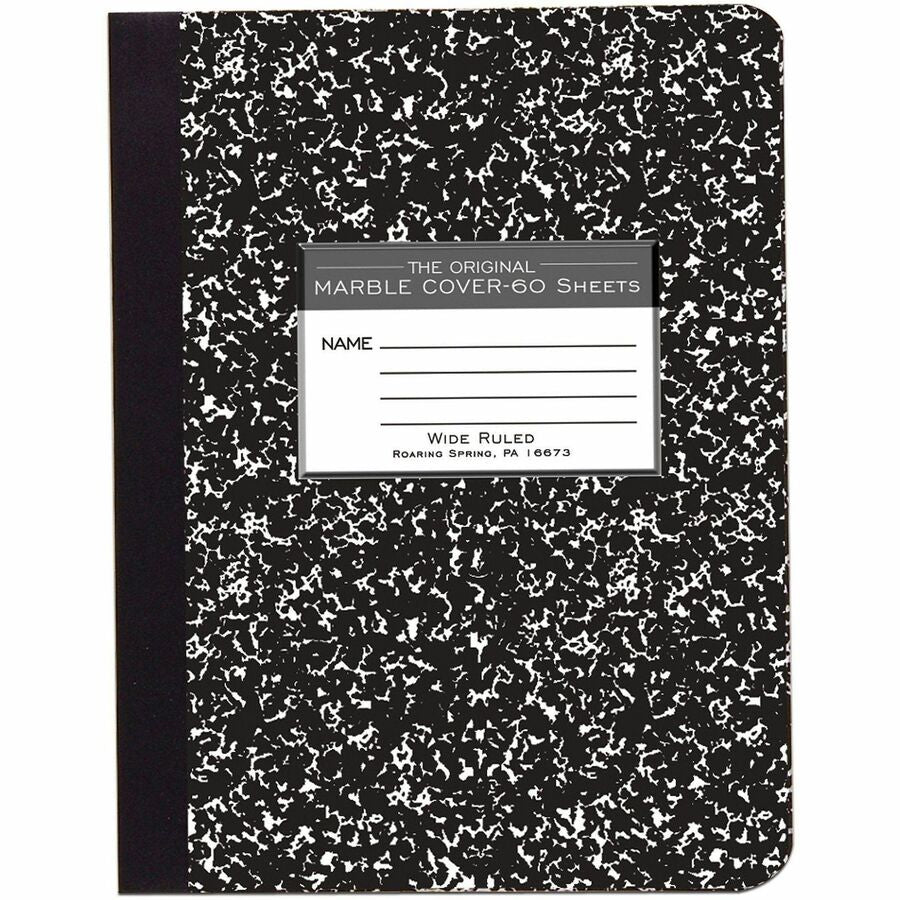 Roaring Spring Wide-ruled Composition Book - 60 Sheets - 120 Pages - Sewn/Tapebound - Both Side Ruling Surface - Wide Ruled Front Ruling - Red Margin - 15 lb Basis Weight - 7 1/2" x 9 3/4" Sheet Size - 7.5" Width x 9.8" Depth - White Paper - Black Marb...