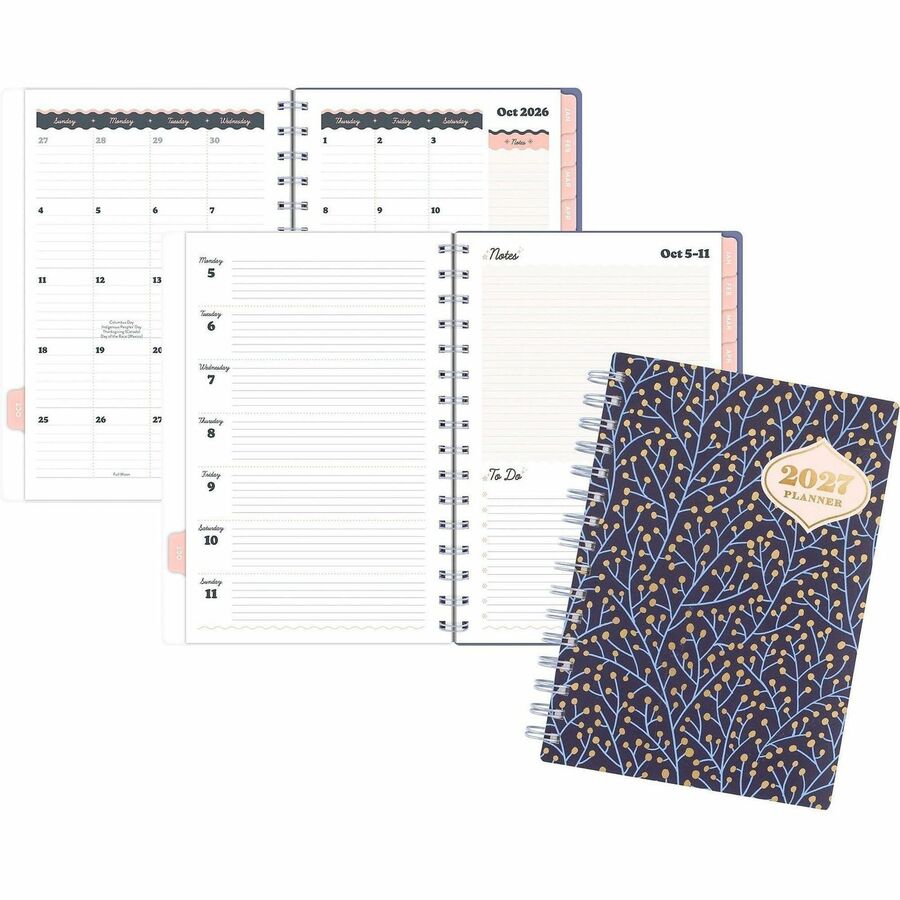 Mead CatCoq Berry Branches Weekly/Monthly Planner - Monthly, Weekly - 15 Month - October 2026 to December 2027 - 5 1/2" x 8 1/2" Sheet Size - Wire Bound - Poly Cover