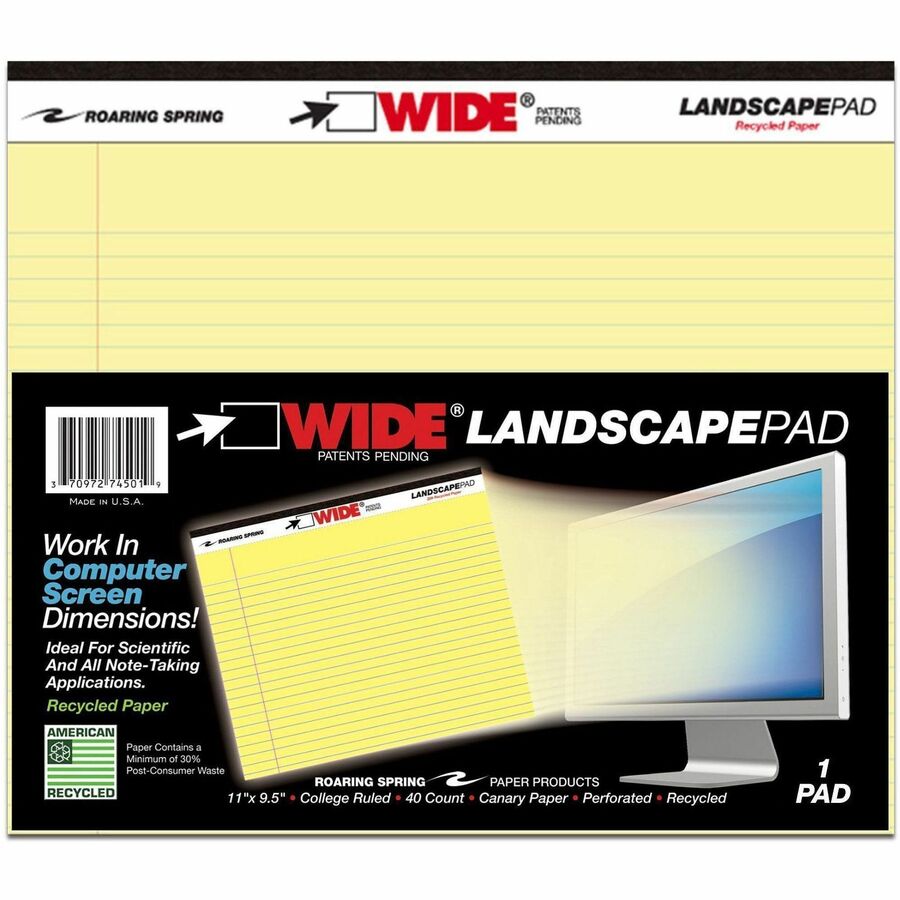 Roaring Spring Wide Landscape Canary Writing Pads - 40 Sheets - 80 Pages - Stapled/Tapebound - Both Side Ruling Surface - College Ruled Front Ruling - 0.28" Ruled - Red Margin - 20 lb Basis Weight - Legal - 11" x 9 1/2" Sheet Size - Canary Paper - Cana...