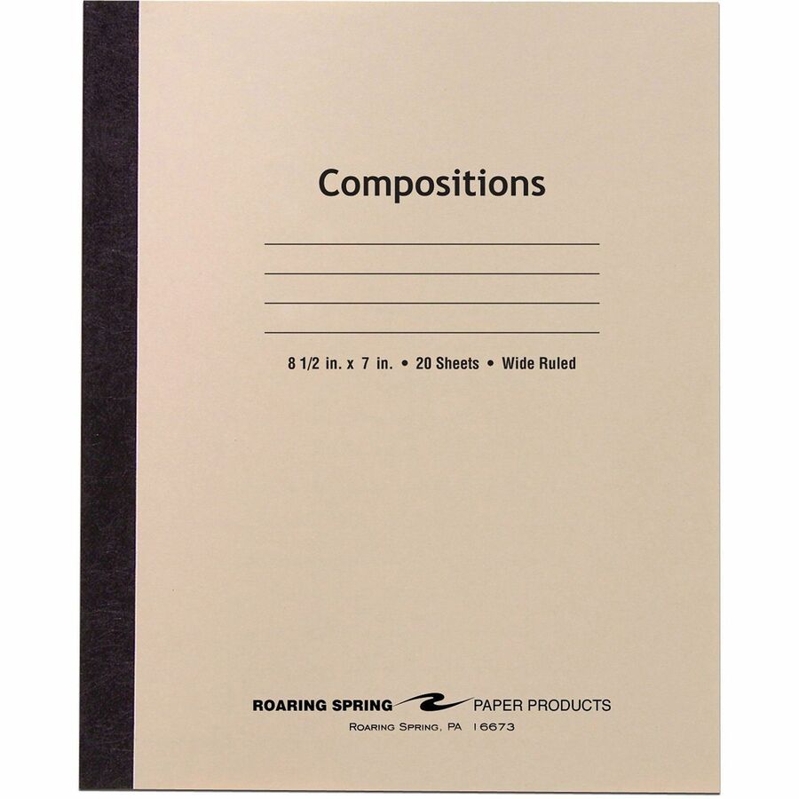 Roaring Spring Wide Ruled 20-sheet Compositn Book - 20 Sheets - 40 Pages - Sewn/Tapebound - Both Side Ruling Surface - Wide Ruled Front Ruling - 15 lb Basis Weight - Legal - 8 1/2" x 7" Sheet Size - 8.5" Width x 7" Depth - White Paper - Black Binding...