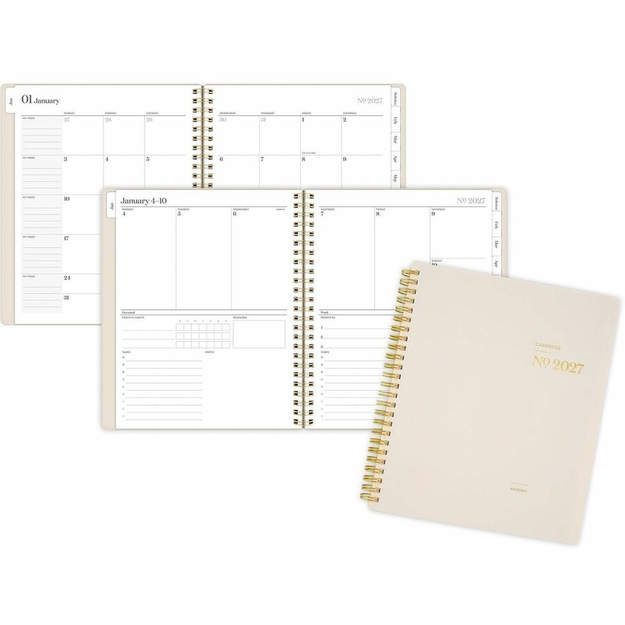 Cambridge WorkStyle Focus Planner - Weekly, Monthly - 12 Month - January to December - 7" x 8 3/4" Sheet Size - Twin Wire - Champagne Poly Cover