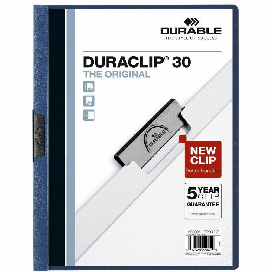 DURABLE DURACLIP Letter Report Cover with Fastener - 8 1/2" x 11" - 30 Sheets Capacity - Clip Fastener - Vinyl, Plastic - Dark Blue, Black, Transparent - Sturdy - 0% Recycled - 25 / Box