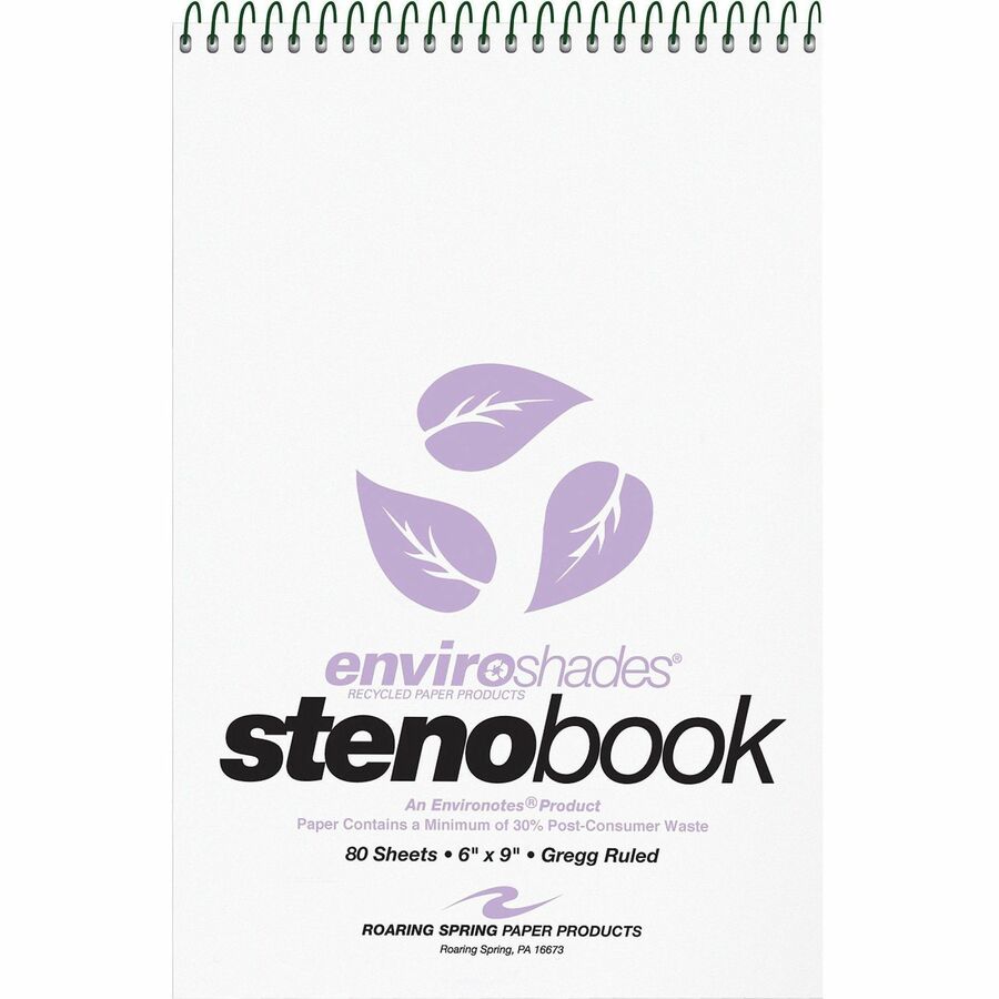 Roaring Spring Enviroshades Gregg-Ruled Steno Book - 80 Sheets - 160 Pages - Spiral Bound - Gregg Ruled Margin - 15 lb Basis Weight - 6" x 9" Sheet Size - 6" Width x 9" Depth - Orchid Paper - Board Cover - Smooth, Snag Proof, WireLock, Heavy Duty Cover...