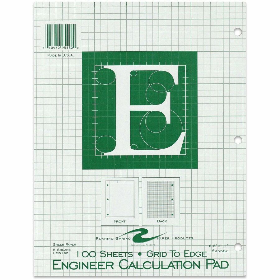Roaring Spring Engineer Calculation Pads - 100 Sheets - 200 Pages - Printed - Glued - 3 Hole(s) - 15 lb Basis Weight - Letter - 8 1/2" x 11" Sheet Size - 11" Width x 8.5" Depth - Green Tint Paper - Green Cover - Smooth, Sturdy, Poly Wrapped
