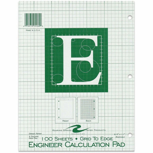 Roaring Spring Engineer Calculation Pads - 100 Sheets - 200 Pages - Printed - Glued - 3 Hole(s) - 15 lb Basis Weight - Letter - 8 1/2" x 11" Sheet Size - 11" Width x 8.5" Depth - Green Tint Paper - Green Cover - Smooth, Sturdy, Poly Wrapped