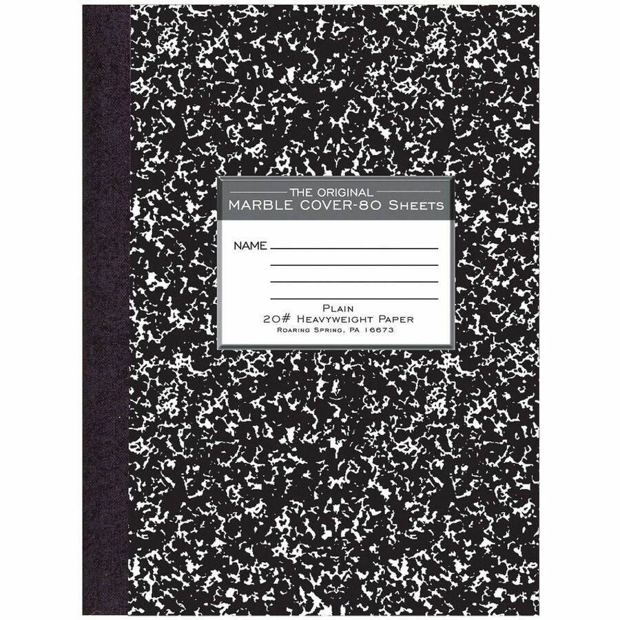 Roaring Spring Marble Unruled Composition Book - 80 Sheets - 160 Pages - Plain - Sewn/Tapebound - Unruled Front Ruling - 20 lb Basis Weight - 10 1/4" x 7 7/8" Sheet Size - 10.3" Width x 7.9" Depth - White Paper - Black Marble Marble Board Cover - Hard...