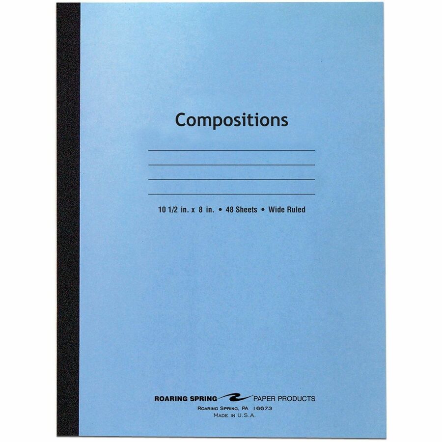 Roaring Spring Wide Rule Composition Notebook - 48 Sheets - 96 Pages - Sewn/Tapebound - Both Side Ruling Surface - Wide Ruled Front Ruling - Red Margin - 15 lb Basis Weight - 10 1/2" x 8" Sheet Size - 10.5" Width x 8" Depth - White Paper - Black Bindin...