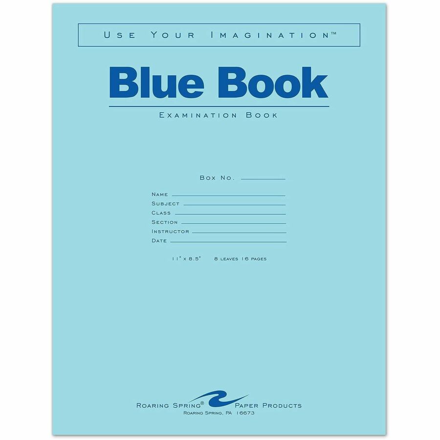 Roaring Spring Examination Book - 8 Sheets - 16 Pages - Stapled - Both Side Ruling Surface - Wide Ruled Front Ruling - Wide Ruled Red Margin - 15 lb Basis Weight - Legal - 11" Width x 8.5" Depth - White Paper - Blue Paper Cover - Smooth