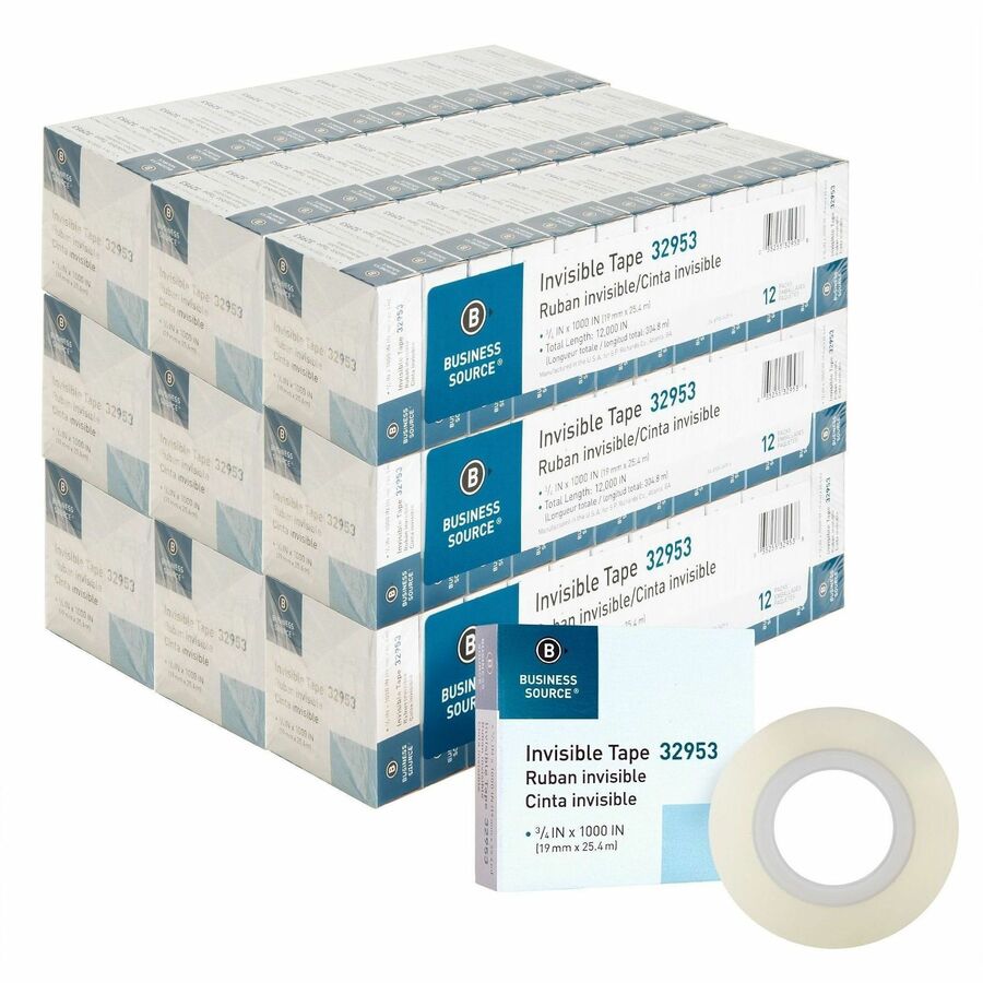 Business Source Premium Invisible Tape Value Pack - 27.78 yd Length x 0.75" Width - 1" Core - Clear - Split Resistant, Tear Resistant - For Mending, Splicing, Holding, Multipurpose - 12 / Carton