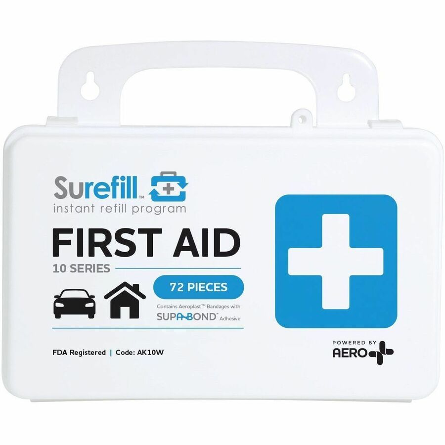 Aero Surefill All-Purpose Weatherproof First-Aid Kits - 72 x Piece(s) For 10 x Individual(s) - 5.5" Height x 3" Width8.5" Length - Plastic Case - Blue, White - 1 Each