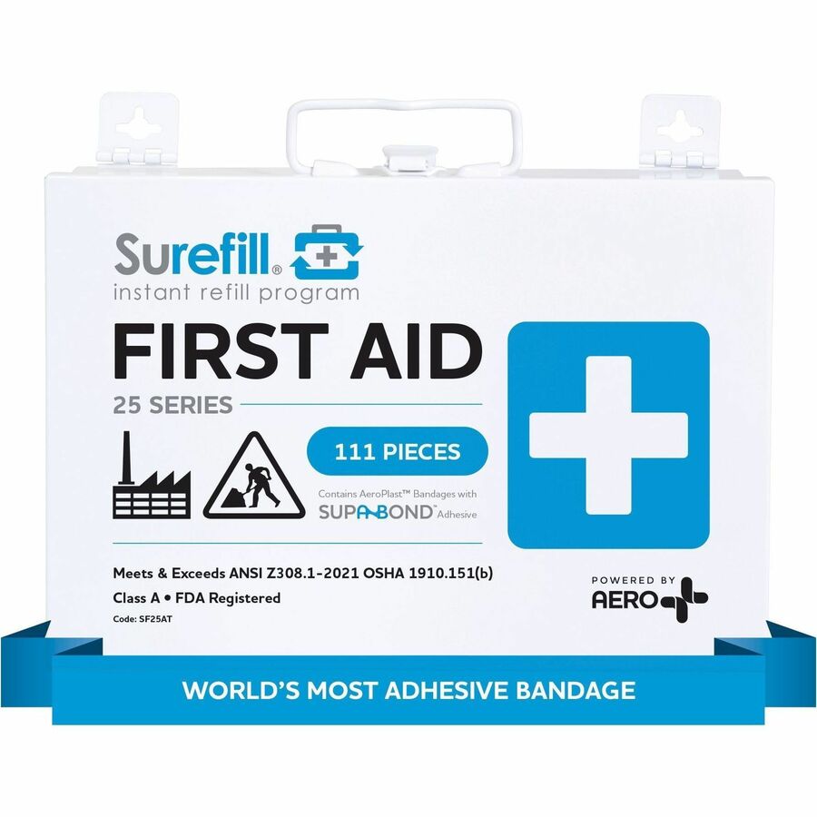 Aero Surefill Metal First-Aid Kits - 111 x Piece(s) For 25 x Individual(s) - 7.5" Height x 2.5" Width10.8" Length - Metal Case - Blue, White - 1 Each