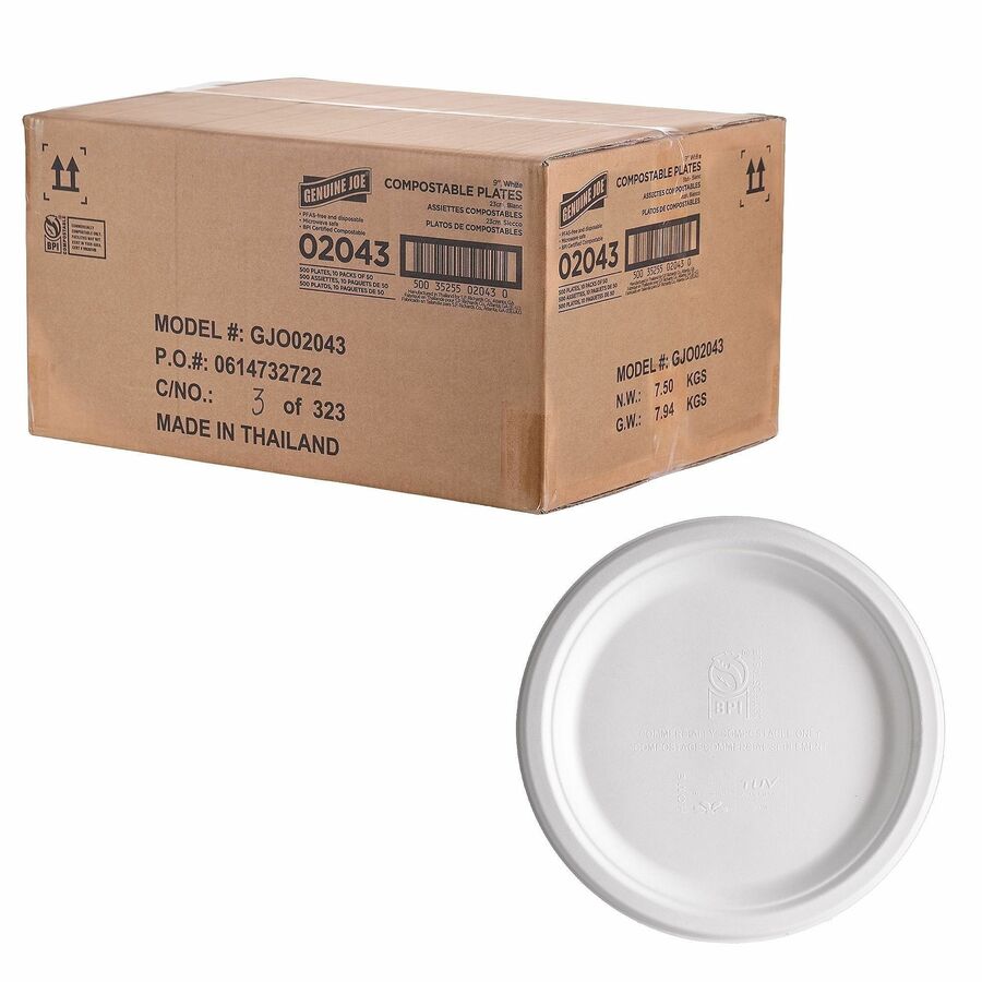 Genuine Joe BPI Certified Compostable Paper Plate - Breakroom, Food - Disposable - Microwave Safe - 9" Diameter - White - Sugarcane - 1 Carton