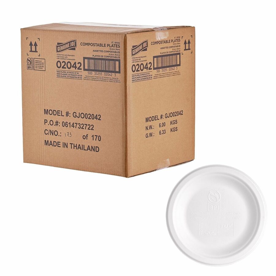 Genuine Joe BPI Certified Compostable Paper Plate - Breakroom, Food - Disposable - Microwave Safe - 6" Diameter - White - Sugarcane - 1 Carton