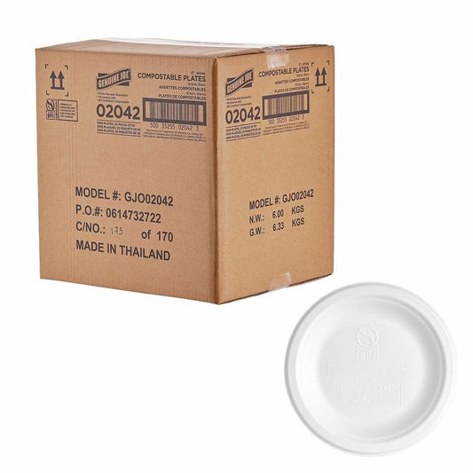 Genuine Joe BPI Certified Compostable Paper Plate - Breakroom, Food - Disposable - Microwave Safe - 6" Diameter - White - Sugarcane - 1 Carton