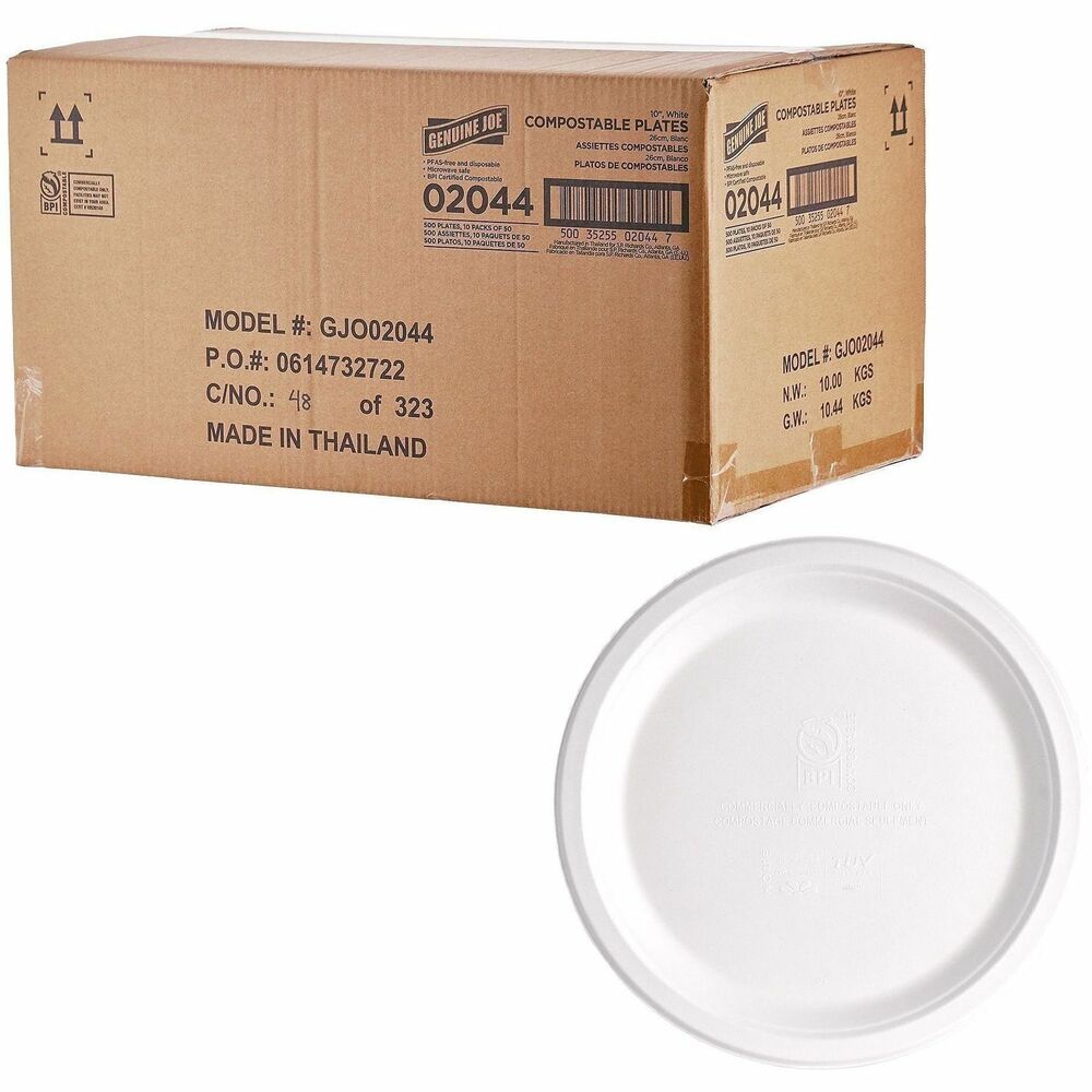 Genuine Joe BPI Certified Compostable Paper Plate - Breakroom, Food - Disposable - Microwave Safe - 10" Diameter - White - Sugarcane - 1 Carton