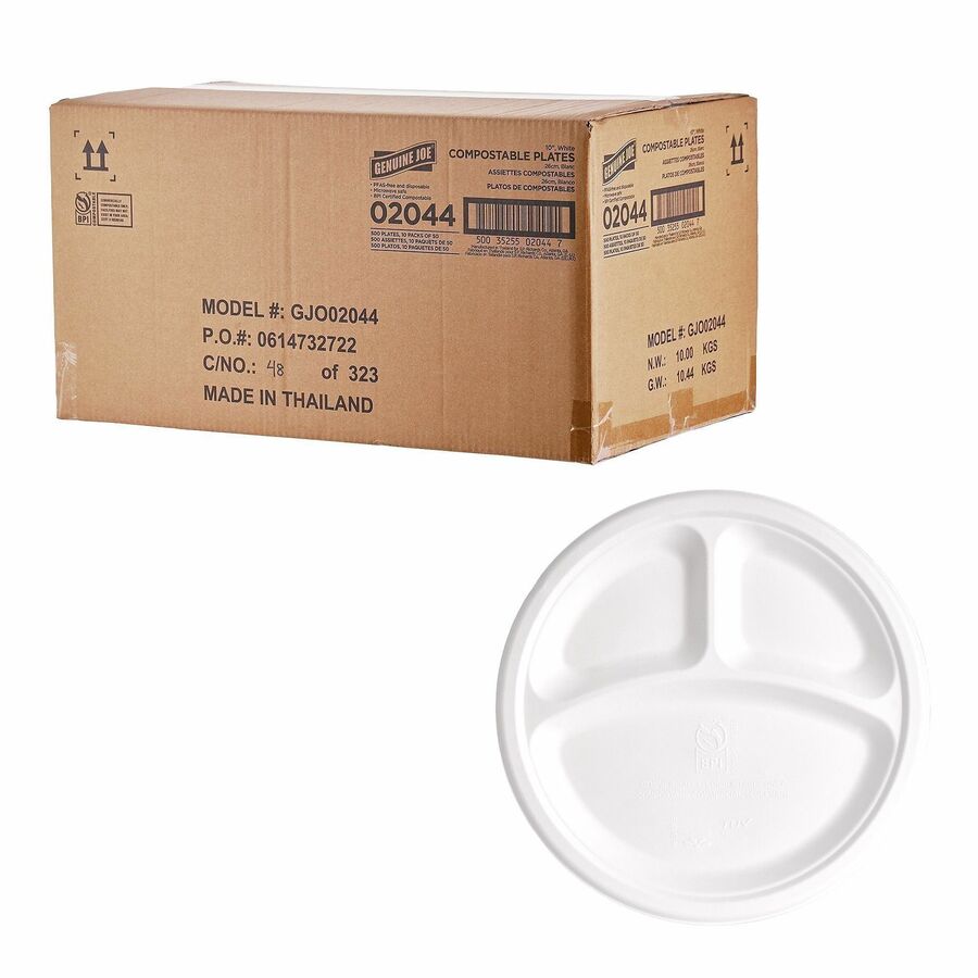Genuine Joe BPI Certified Compostable Paper Plate - Breakroom, Food - Disposable - Microwave Safe - 10" Diameter - White - Sugarcane - 1 Carton