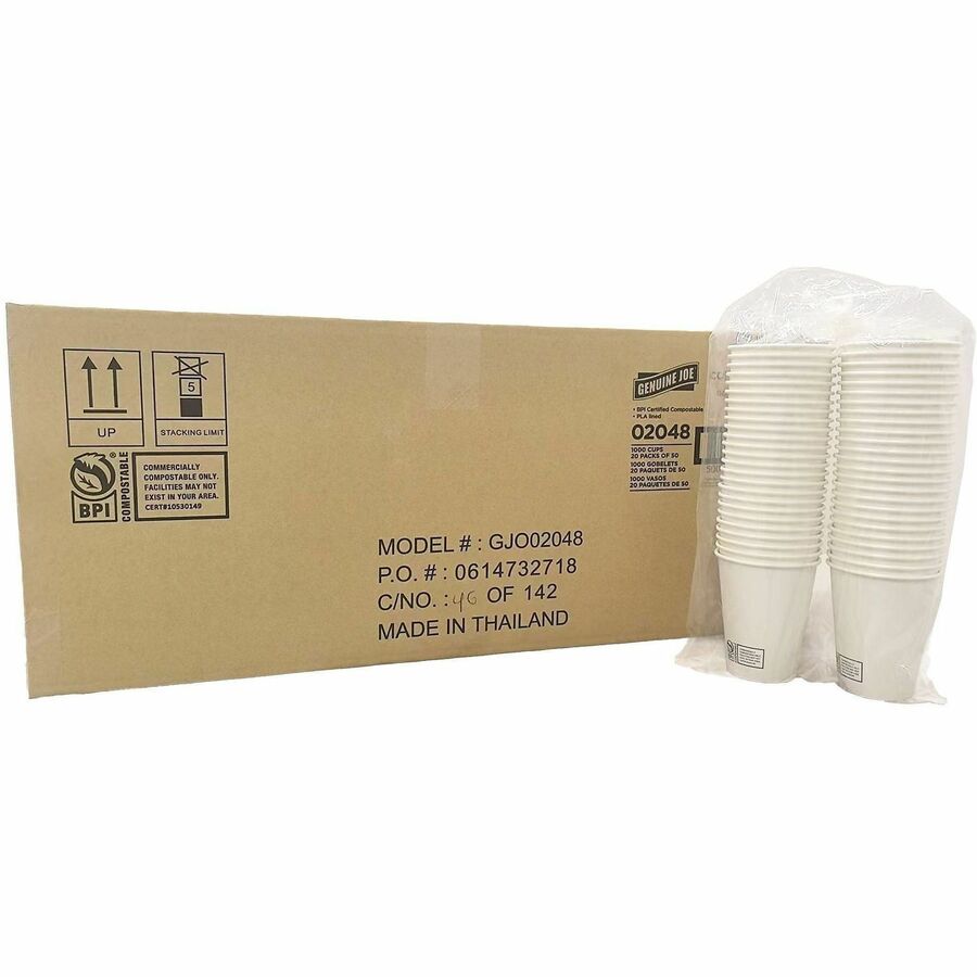 Genuine Joe BPI Certified Compostable Paper Cups - 12 fl oz - Leak Proof Closure - White - Paper, Polylactic Acid (PLA) - Cold, Beverage, Breakroom