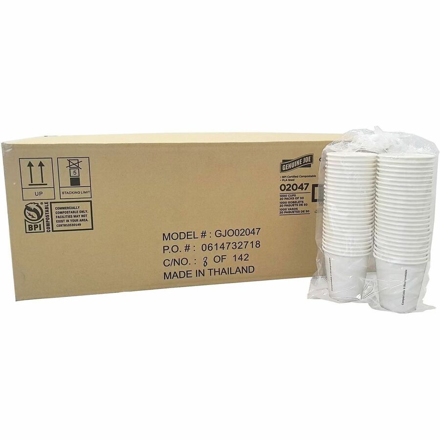 Genuine Joe BPI Certified Compostable Paper Cups - 10 fl oz - Leak Proof Closure - White - Paper, Polylactic Acid (PLA) - Cold, Beverage, Breakroom