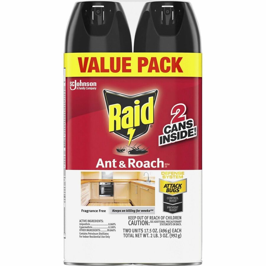 Raid Ant & Roach Killer Spray - Aerosol - Kills Ants, Cockroaches, Water Bugs, Palmetto Bug, Silverfish, Carpet Beetle, Earwig, Spider, Lady Beetle, Black Widow Spider - 17.50 fl oz - Red - 2 / Pack