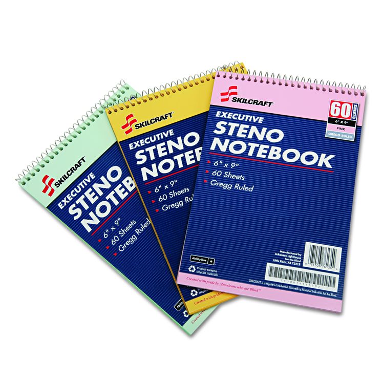 7530014545702, SKILCRAFT Steno Pad, Assorted Cover Colors, Gregg Rule, (60) Assorted Color 6 x 9 Sheets, 3/Pack
