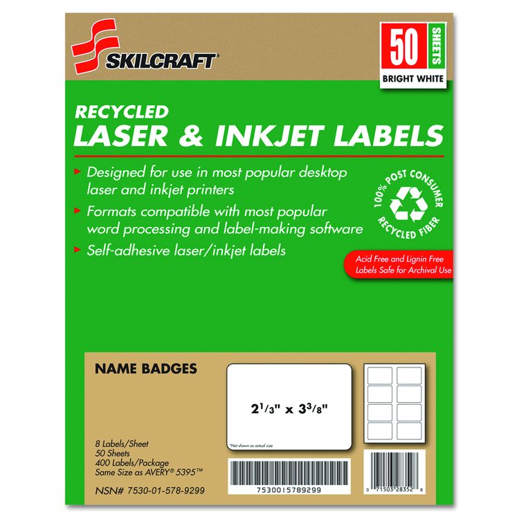 7530015789299, SKILCRAFT Adhesive Name Badge Labels, Inkjet/Laser Printers, 2.33 x 3.38, White, 8/Sheet, 50 Sheets/Box