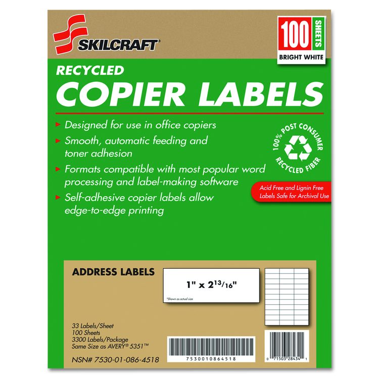 7530010864518, SKILCRAFT Recycled Copier Labels, Copiers, 1 x 2.81, White, 33/Sheet, 100 Sheets/Box
