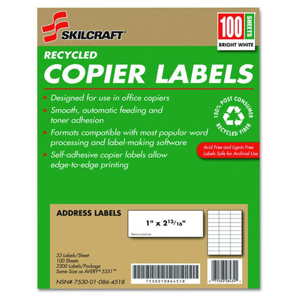 7530010864518, SKILCRAFT Recycled Copier Labels, Copiers, 1 x 2.81, White, 33/Sheet, 100 Sheets/Box