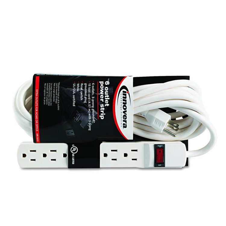 Power Strip, 6 Outlets, 15 ft Cord, Ivory