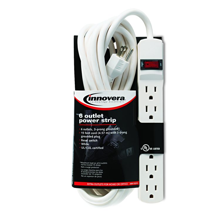 Power Strip, 6 Outlets, 15 ft Cord, Ivory