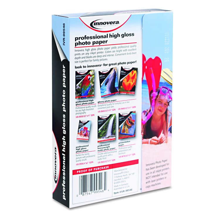 High-Gloss Photo Paper, 10 mil, 4 x 6, High-Gloss White, 100/Pack