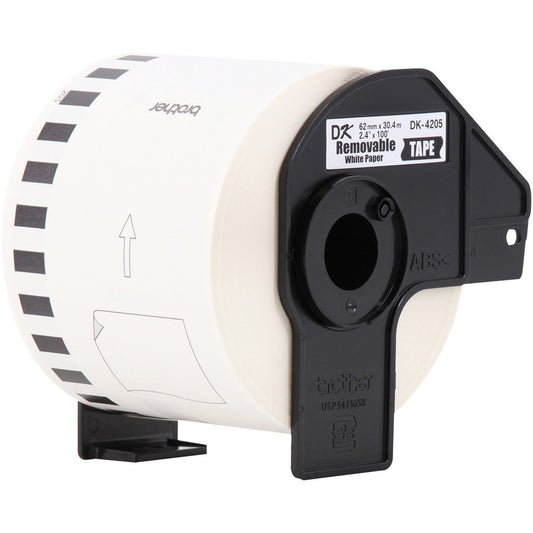 Brother Continuous Length White Film DK Tape - 2 1/2" Width x 100 ft Length - Removable Adhesive - Direct Thermal - White - Paper - 1 Roll