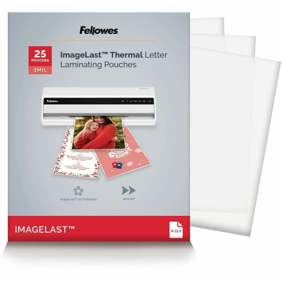 Fellowes 3mil Glossy Laminating Pouches - Sheet Size Supported: Letter - Laminating Pouch/Sheet Size: 9" Width x 3 mil Thickness - Type G - Glossy - for Document - Self-adhesive, Durable, UV Resistant, Fade Resistant, Jam-free - Clear - 25 / Each