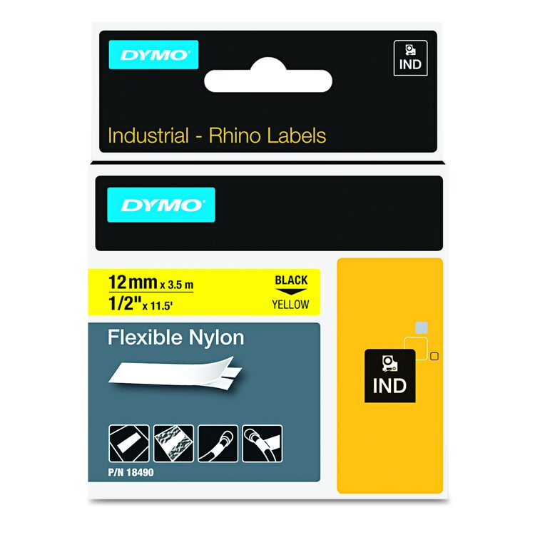 Rhino Flexible Nylon Industrial Label Tape, 0.5" x 11.5 ft, Yellow/Black Print
