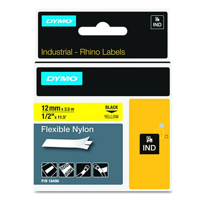 Rhino Flexible Nylon Industrial Label Tape, 0.5" x 11.5 ft, Yellow/Black Print