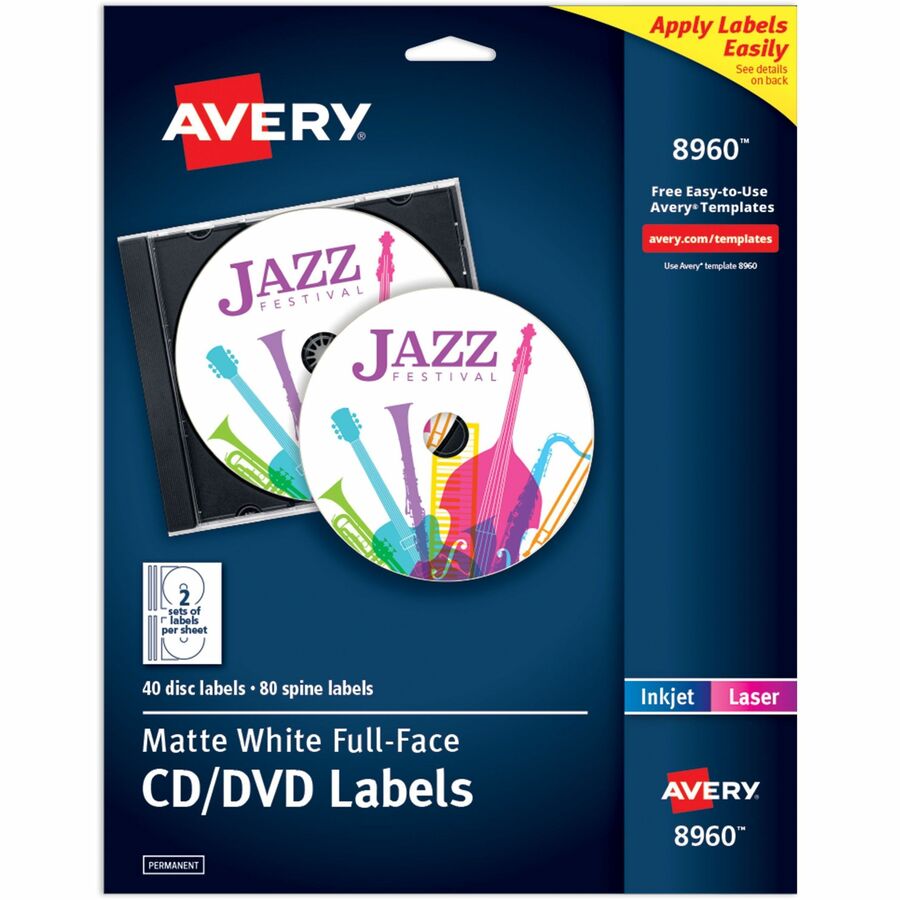 Avery&reg, Optical Disc Label - Permanent Adhesive - Inkjet, Laser - Matte - Matte White - Paper - 2 / Sheet - 20 Total Sheets - 40 Total Label(s) - 40 / Pack