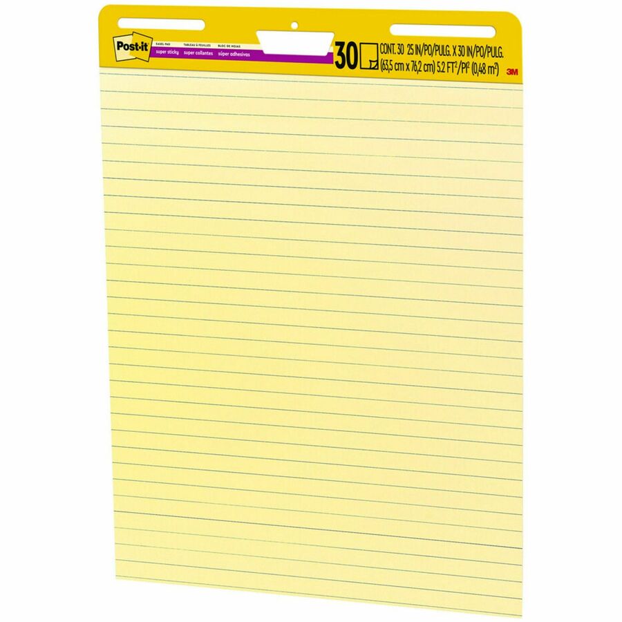Post-it&reg, Self-Stick Easel Pads with Faint Rule - 30 Sheets - Stapled - Feint Blue Margin - 18.50 lb Basis Weight - 25" x 30" Sheet Size - Yellow Paper - Cardboard Cover - Self-adhesive, Repositionable, Resist Bleed-through, Removable, Sturdy Back...