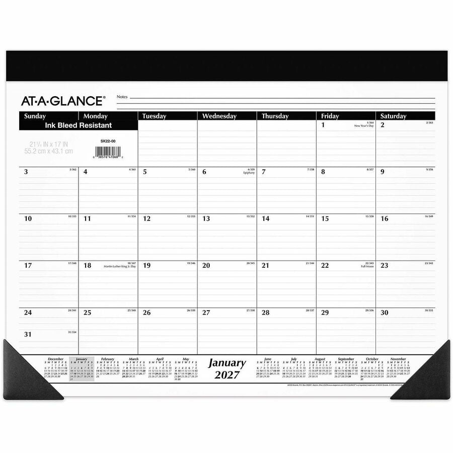At-A-Glance Monthly Desk Pad Calendar, Standard, 21 3/4" x 17" - Julian Dates - Monthly - 12 Month - January 2027 to December 2027 - 1 Month Single Page Layout - 21 3/4" x 17" Sheet Size - 3" x 2.25" Block - Headband - Desktop - White - Poly, Paper - 1...