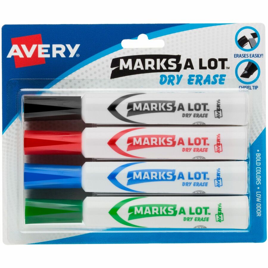 Avery&reg, Marks A Lot Marks A Lot Dry Erase Markers, Desk-Style, Assorted Colors, 4 Markers - Erasable - Washable - Blue, Black, Red, Green Ink - Office, School, Home - 4 / Pack
